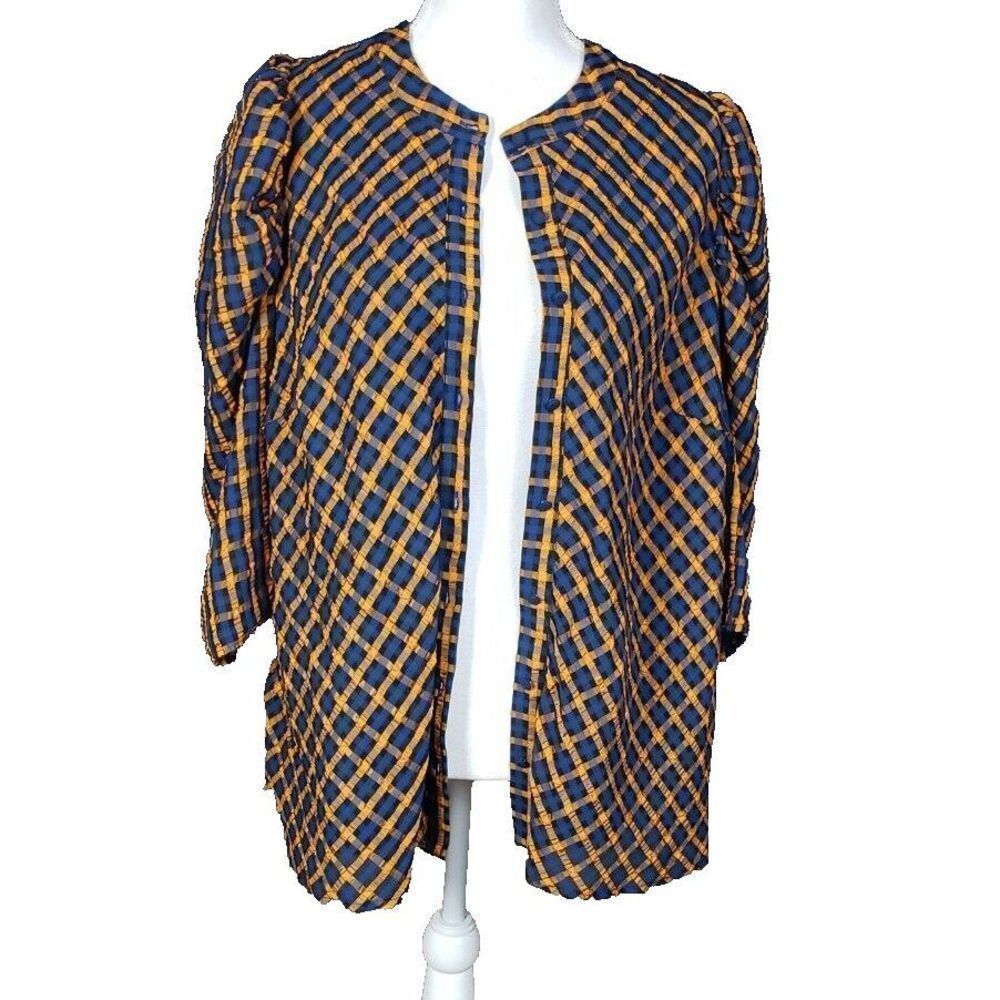 Eva Franco Jacket Size 16W Orange Blue Anthropologie Textured Plaid Puff Sleeve